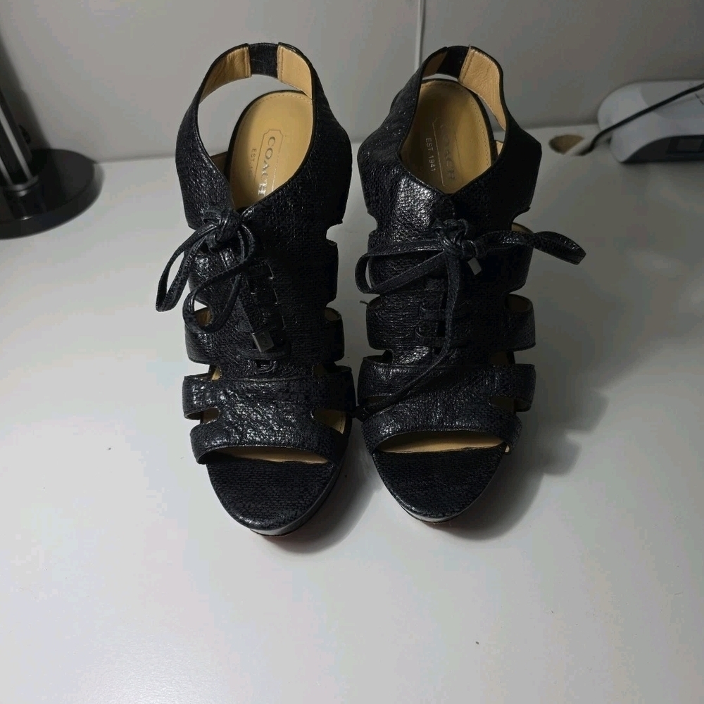 Coach Women's Black Leather Lace-Up Block Heel Sandals